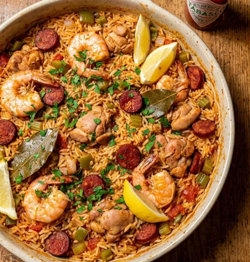 Jambalaya with Cajun rice, chicken, chorizo, and prawns in a pot with parsley, lemon wedges, and Tabasco
