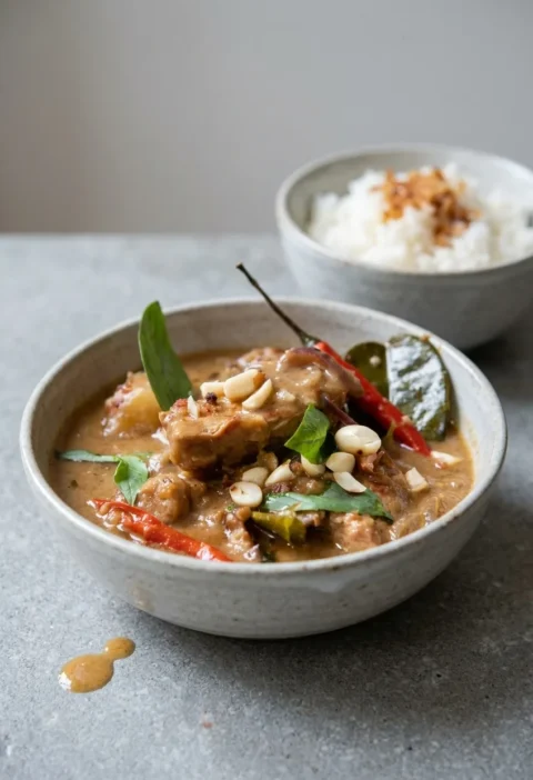 Hairy Bikers massaman curry, chicken and potato in a light coconut sauce with whole red chillies, kaffir lime leaves, Thai basil and chopped peanuts in a grey bowl, rice behind