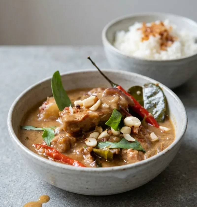 Hairy Bikers massaman curry, chicken and potato in a light coconut sauce with whole red chillies, kaffir lime leaves, Thai basil and chopped peanuts in a grey bowl, rice behind