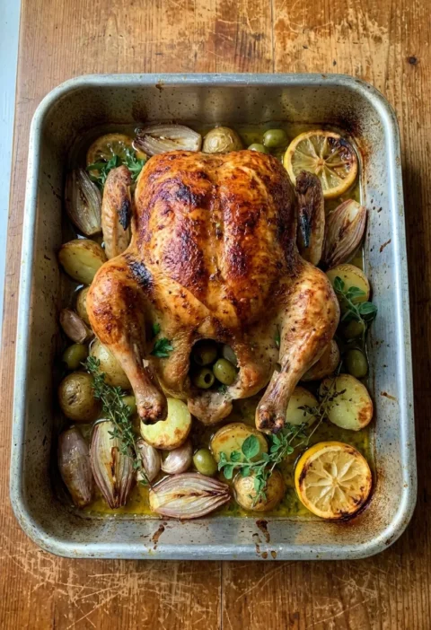 Golden Mediterranean roast chicken in a roasting tin on baby potatoes, shallots, garlic, green olives, lemon and herbs