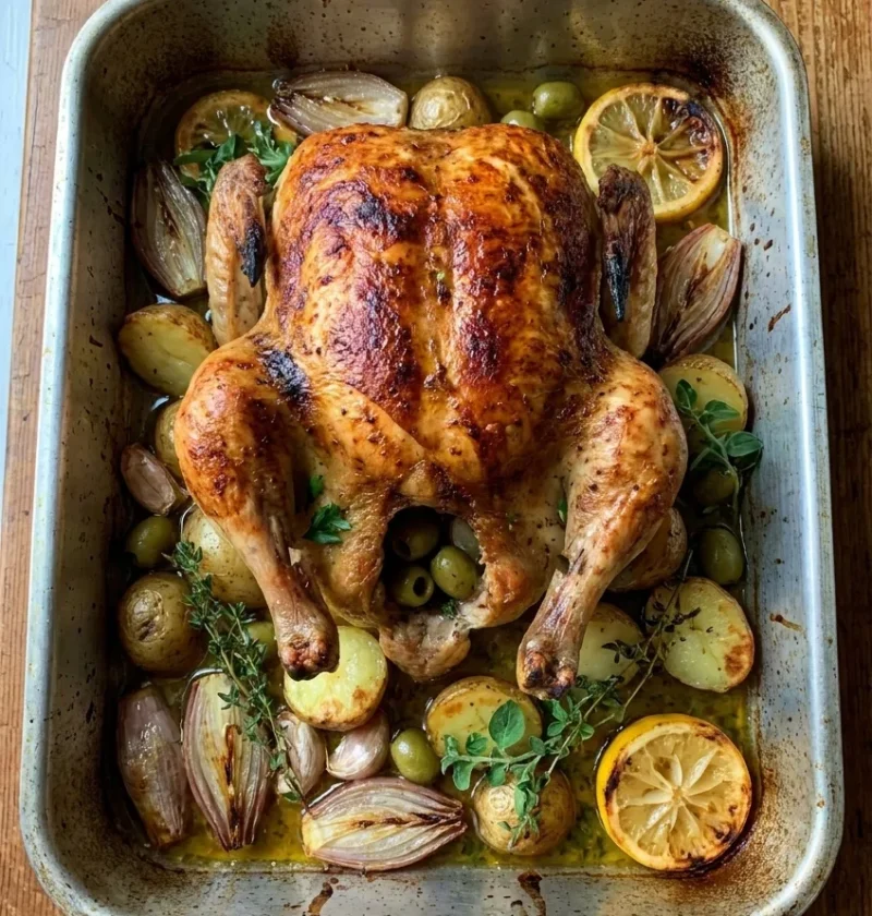 Golden Mediterranean roast chicken in a roasting tin on baby potatoes, shallots, garlic, green olives, lemon and herbs