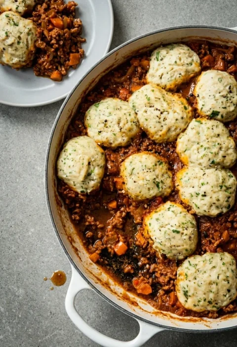 Hairy Bikers minced beef and dumplings, twelve risen herby suet dumplings over rich tomato beef mince with diced carrots in a white casserole, one portion served on a grey plate