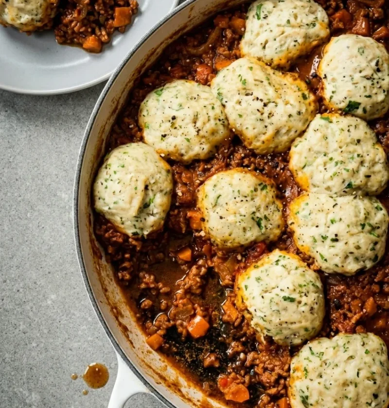 Hairy Bikers minced beef and dumplings, twelve risen herby suet dumplings over rich tomato beef mince with diced carrots in a white casserole, one portion served on a grey plate