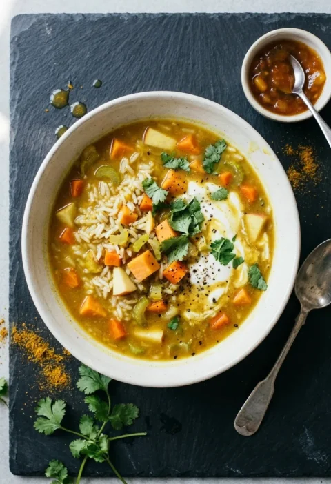 Hairy Bikers mulligatawny soup in a white bowl with rice, sweet potato, carrot and yoghurt, mango chutney alongside