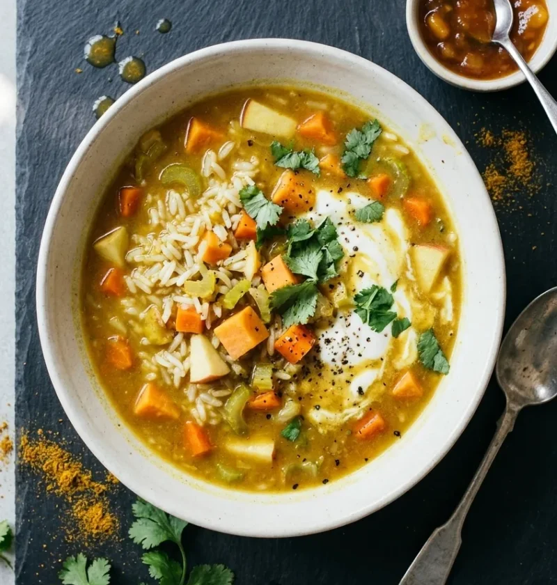 Hairy Bikers mulligatawny soup in a white bowl with rice, sweet potato, carrot and yoghurt, mango chutney alongside