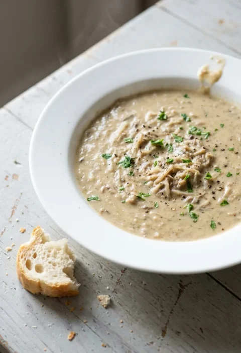 Hairy Bikers mushroom soup made with milk, served in a white bowl with parsley and torn crusty bread