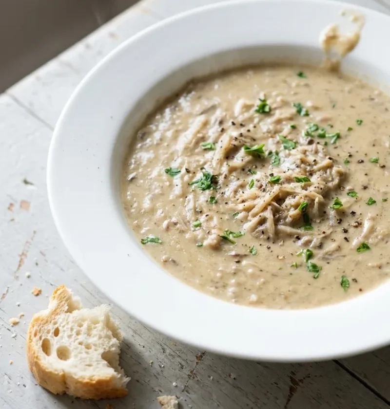 Hairy Bikers mushroom soup made with milk, served in a white bowl with parsley and torn crusty bread