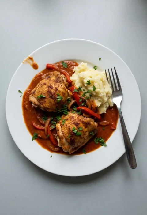 Hairy Bikers paprika chicken thighs in a red pepper and soured cream sauce with mash