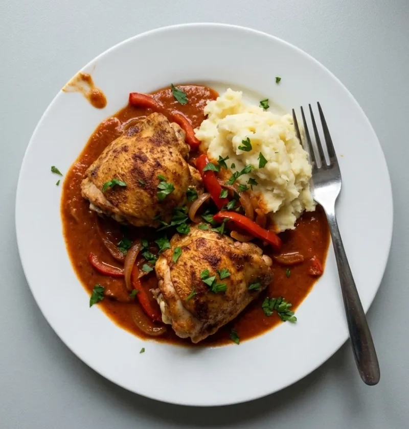 Hairy Bikers paprika chicken thighs in a red pepper and soured cream sauce with mash