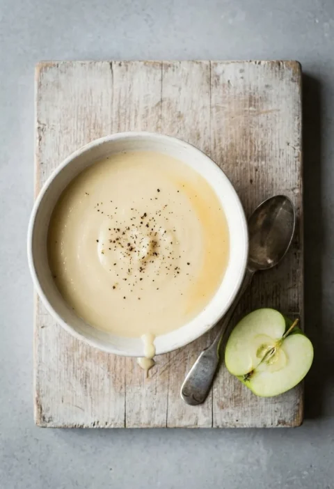 Hairy Bikers parsnip and apple soup in a rustic bowl on a wooden board, with a spoon and half a cooking apple
