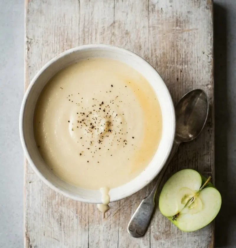 Hairy Bikers parsnip and apple soup in a rustic bowl on a wooden board, with a spoon and half a cooking apple
