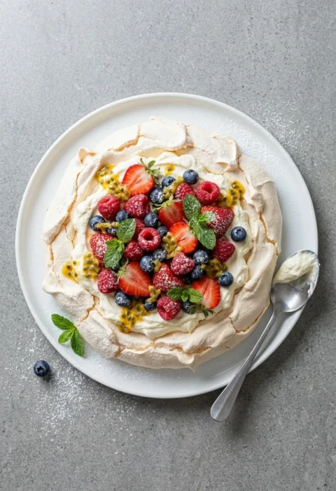 Hairy Bikers pavlova with a crisp meringue nest filled with whipped cream, strawberries, raspberries, blueberries and passion fruit