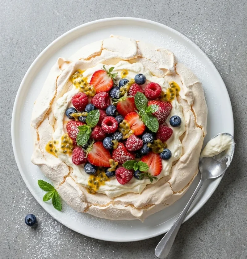 Hairy Bikers pavlova with a crisp meringue nest filled with whipped cream, strawberries, raspberries, blueberries and passion fruit