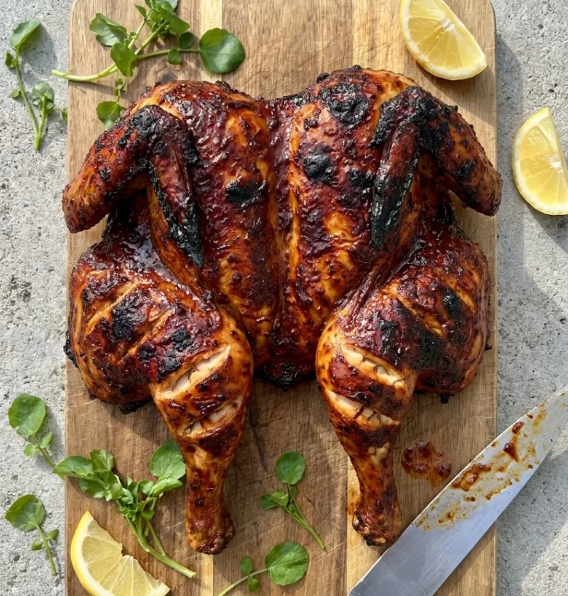 Spatchcocked piri piri chicken with dark charred marinade on a wooden chopping board with lemon wedges and watercress