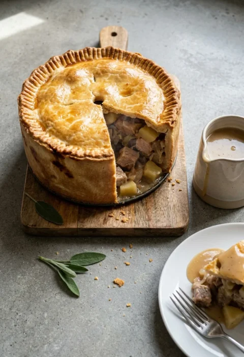 Hairy Bikers pork and apple pie with a wedge cut showing chunky pork and apple filling, served with cider gravy