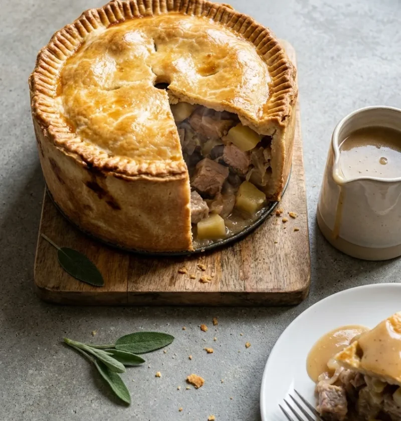 Hairy Bikers pork and apple pie with a wedge cut showing chunky pork and apple filling, served with cider gravy