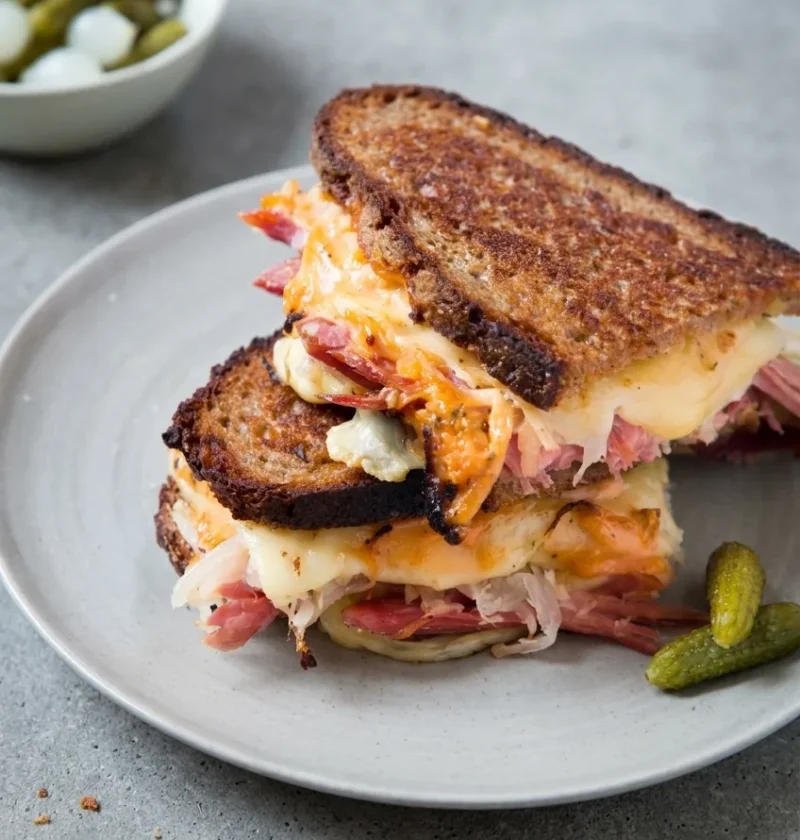 Hairy Bikers reuben sandwich cut in half and stacked, golden fried rye with melted Swiss cheese, salt beef and sauerkraut, cornichons on the plate