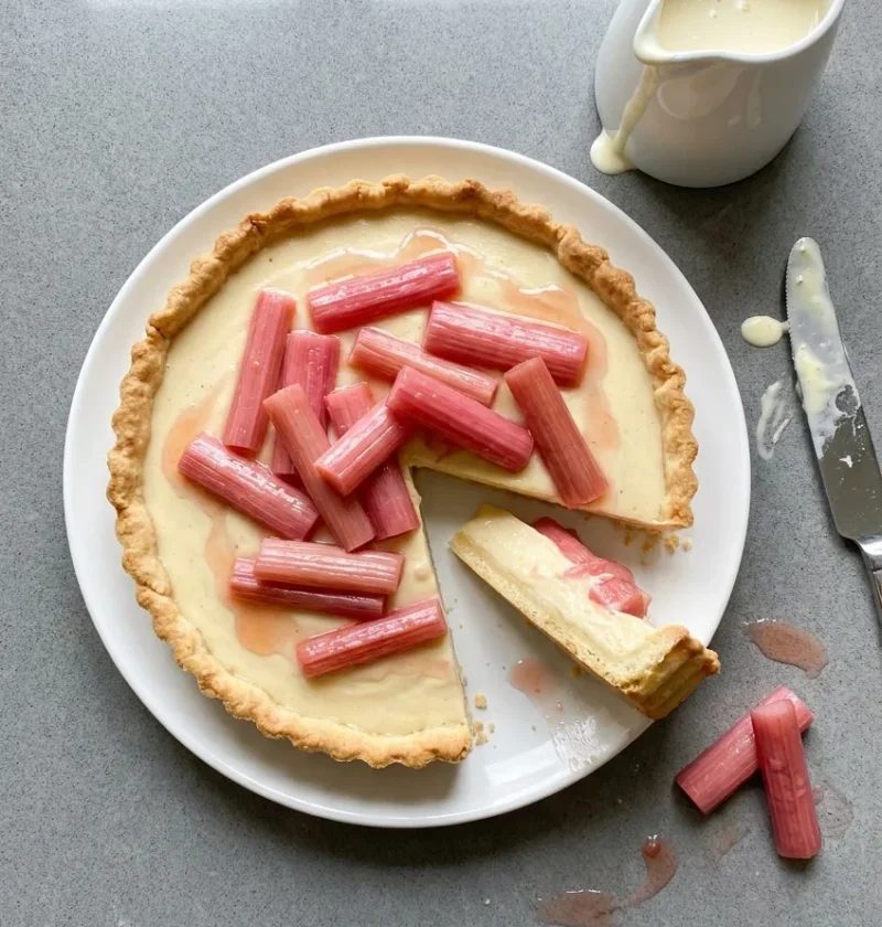 Hairy Bikers rhubarb and custard tart with pink forced rhubarb on set vanilla custard, one slice cut showing the layers
