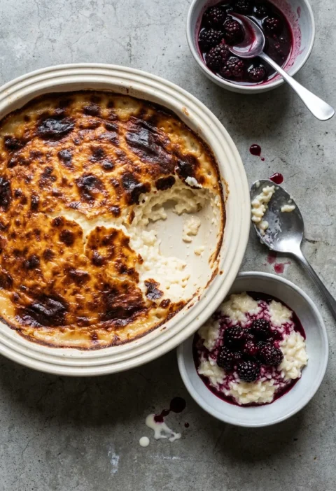Hairy Bikers rice pudding with a golden brown baked skin in a round dish, one portion served with blackberry compote