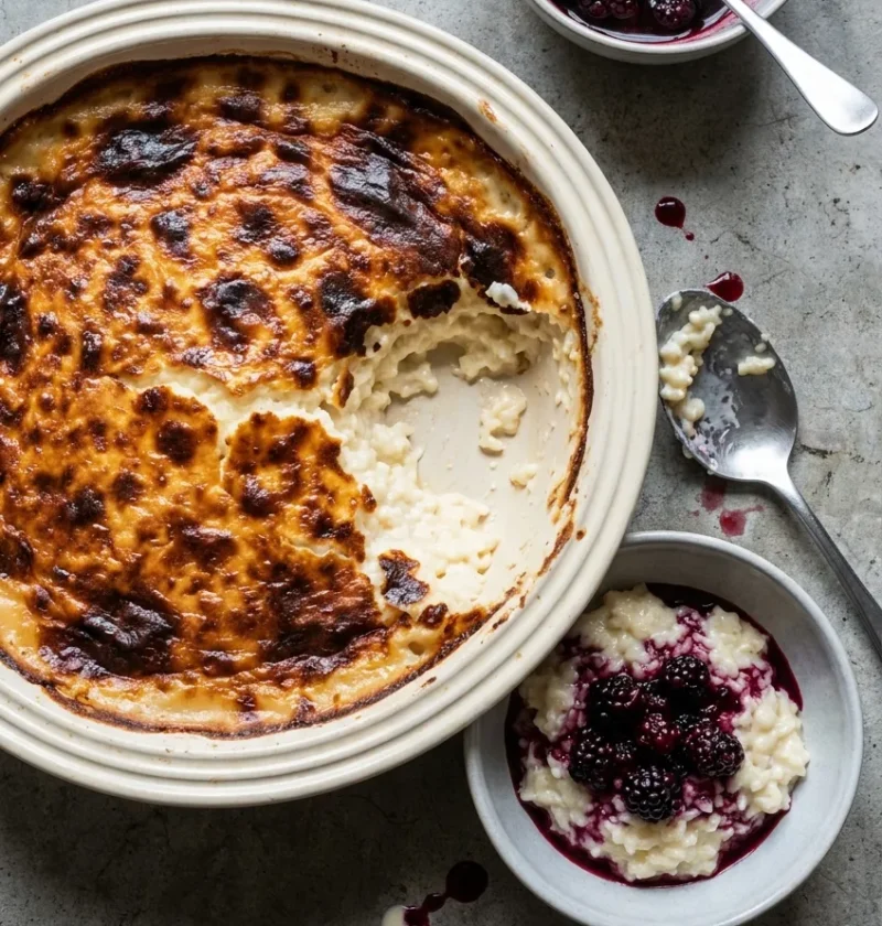 Hairy Bikers rice pudding with a golden brown baked skin in a round dish, one portion served with blackberry compote