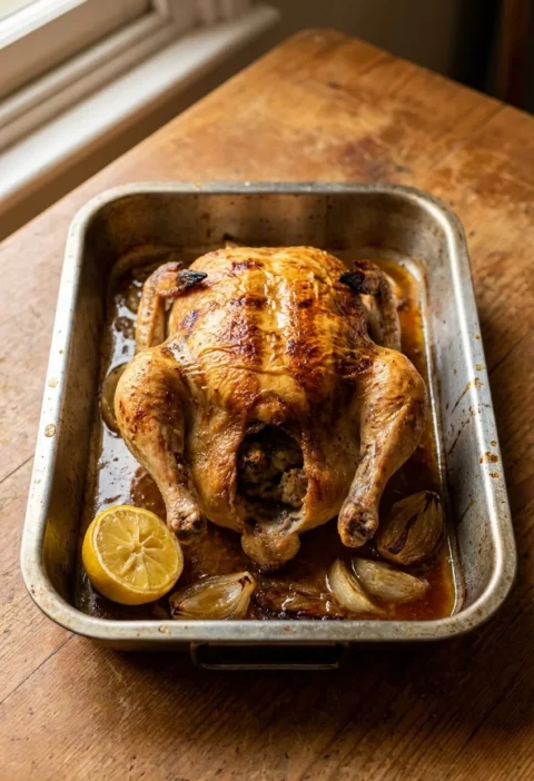 Classic roast chicken with golden crispy skin resting in a roasting tin with lemon, onion, and pan juices