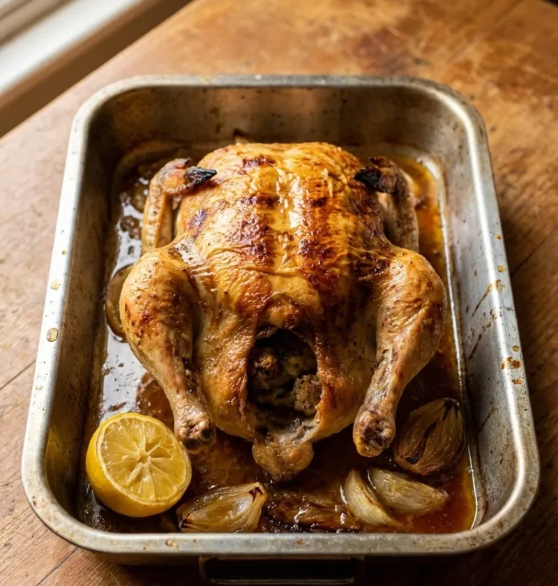 Classic roast chicken with golden crispy skin resting in a roasting tin with lemon, onion, and pan juices