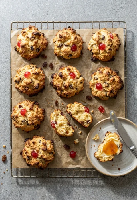 Hairy Bikers rock cakes with craggy golden tops, sultanas and glace cherries, one broken open and spread with butter and apricot jam