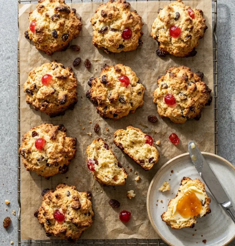 Hairy Bikers rock cakes with craggy golden tops, sultanas and glace cherries, one broken open and spread with butter and apricot jam
