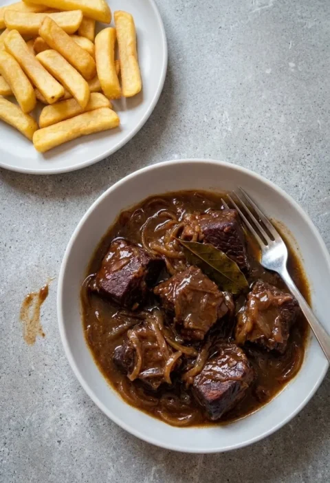 Hairy Bikers shin beef stew, dark sticky chunks of beef shin in a glossy beer gravy with melted onions and a bay leaf in a grey bowl, thick-cut chips alongside