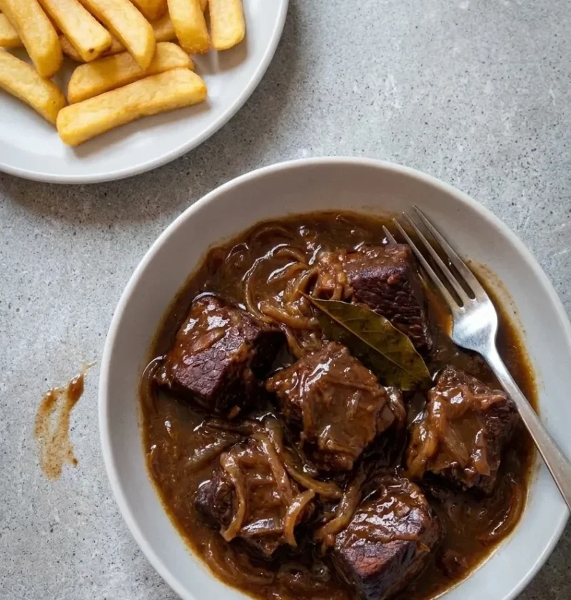 Hairy Bikers shin beef stew, dark sticky chunks of beef shin in a glossy beer gravy with melted onions and a bay leaf in a grey bowl, thick-cut chips alongside