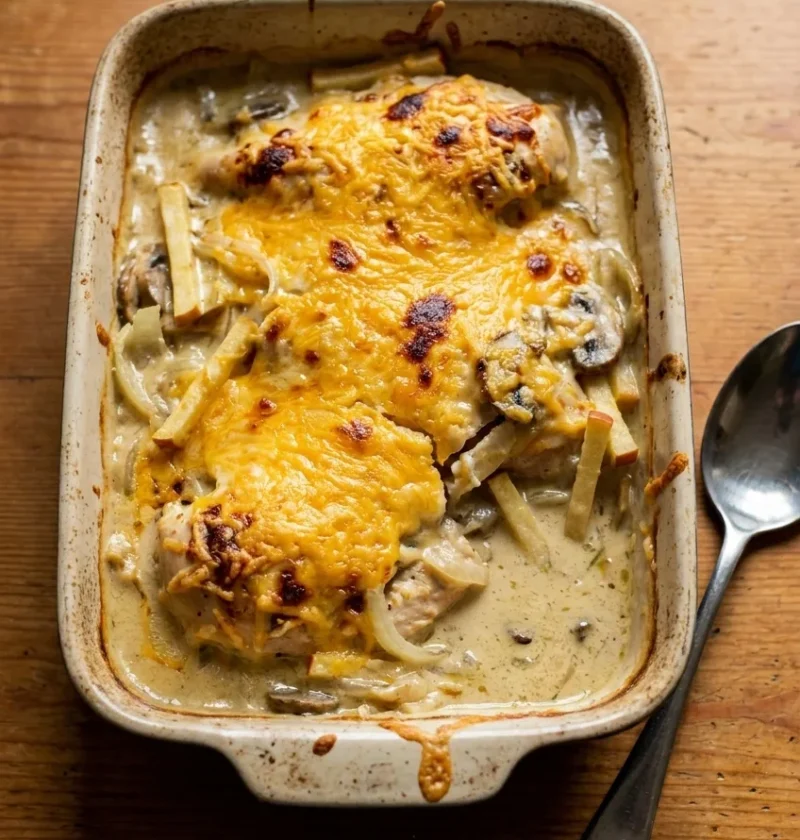 Somerset chicken with a grilled golden Cheddar crust over a creamy cider, apple and mushroom sauce in a baking dish