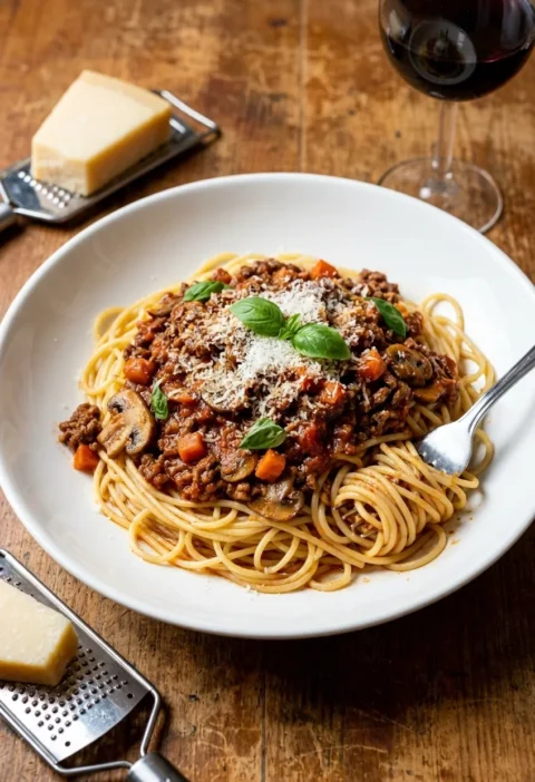 Spaghetti bolognese with a thick meaty sauce, mushrooms, and diced carrot topped with Parmesan and basil