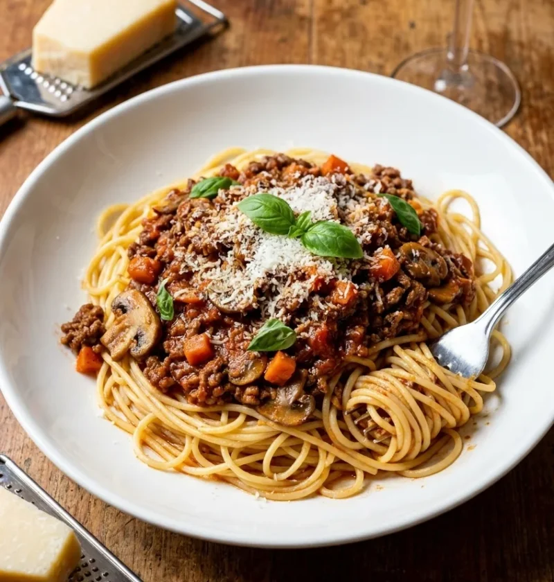 Spaghetti bolognese with a thick meaty sauce, mushrooms, and diced carrot topped with Parmesan and basil