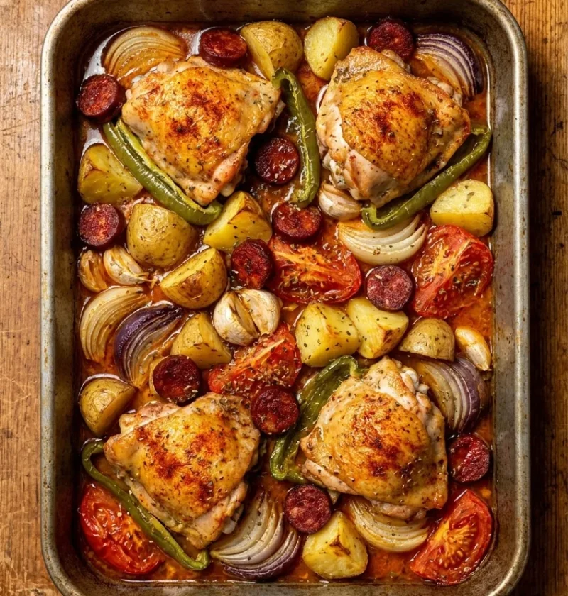 Spanish chicken and chorizo tray bake with golden chicken thighs, sliced chorizo, roasted new potatoes, onions, tomatoes, and green peppers in a roasting tin