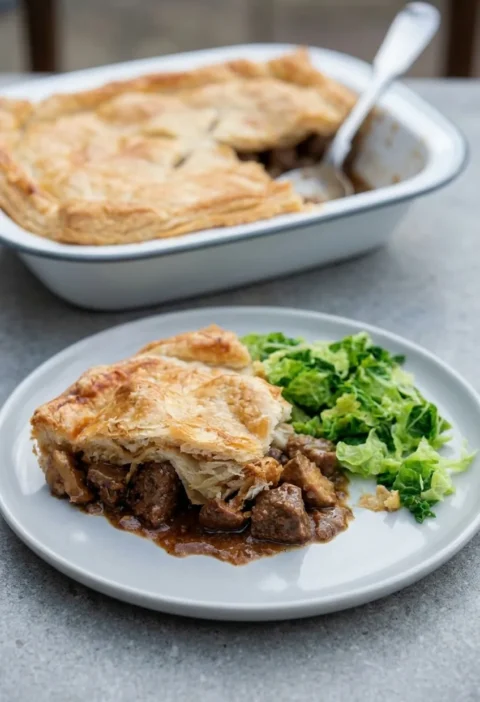 Hairy Bikers steak and ale pie slice on a plate, flaky puff pastry over chunks of beef in dark ale gravy, with greens and the pie dish behind