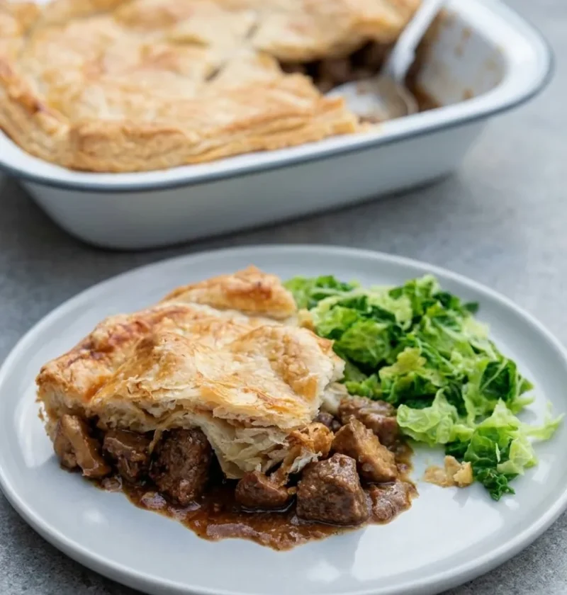 Hairy Bikers steak and ale pie slice on a plate, flaky puff pastry over chunks of beef in dark ale gravy, with greens and the pie dish behind