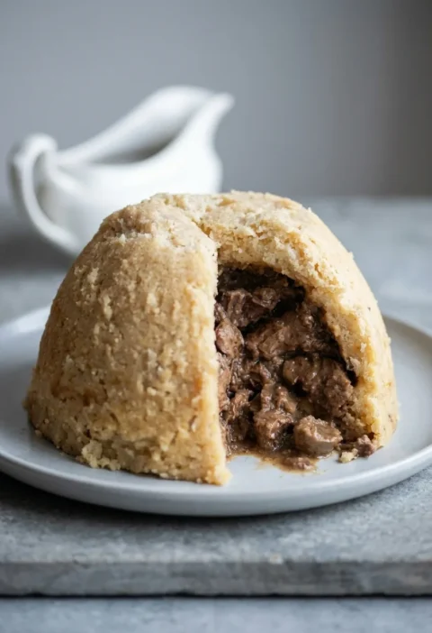Hairy Bikers steak and kidney pudding turned out on a plate, suet crust cut open showing chunks of steak and kidney in dark gravy, gravy jug behind