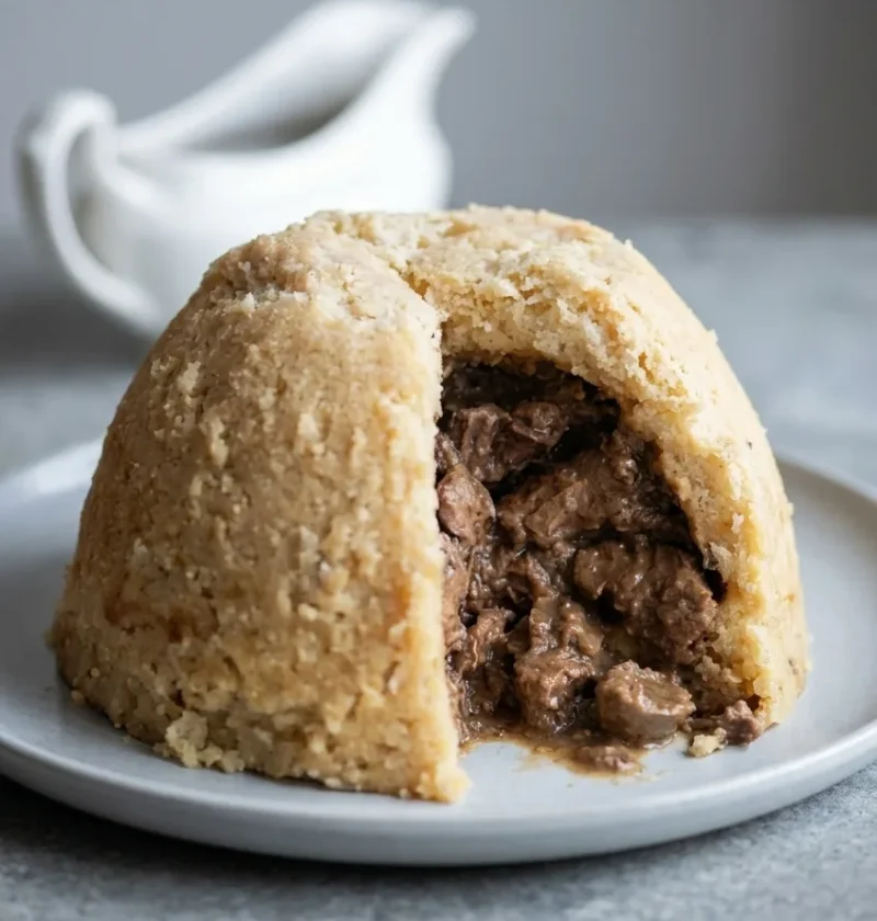 Hairy Bikers steak and kidney pudding turned out on a plate, suet crust cut open showing chunks of steak and kidney in dark gravy, gravy jug behind