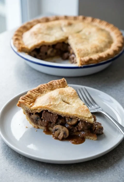 Hairy Bikers steak and mushroom pie slice on a plate, golden shortcrust pastry with chunks of braised beef and chestnut mushrooms in red wine gravy