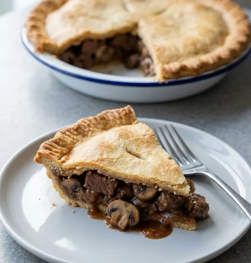 Hairy Bikers steak and mushroom pie slice on a plate, golden shortcrust pastry with chunks of braised beef and chestnut mushrooms in red wine gravy