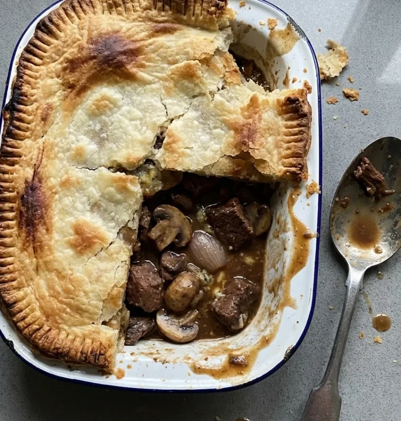 Hairy Bikers steak and stilton pie in an enamel dish, rough puff pastry broken open showing chunks of beef, mushrooms and shallots in stilton ale gravy