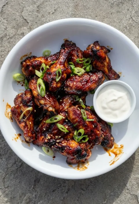 Sticky glazed chicken wings in a soy and honey glaze, topped with spring onions, with a soured cream dip