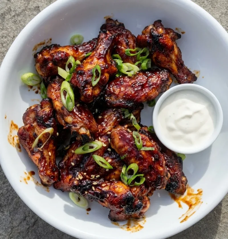 Sticky glazed chicken wings in a soy and honey glaze, topped with spring onions, with a soured cream dip