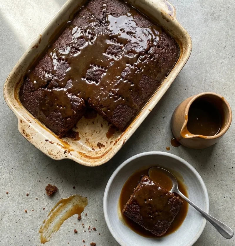 Hairy Bikers sticky toffee pudding in a baking dish with toffee sauce soaked into the dark sponge and one portion served in a bowl