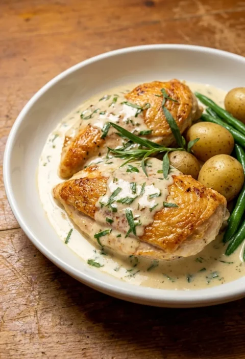 Golden seared chicken breasts in a creamy tarragon sauce with new potatoes and green beans