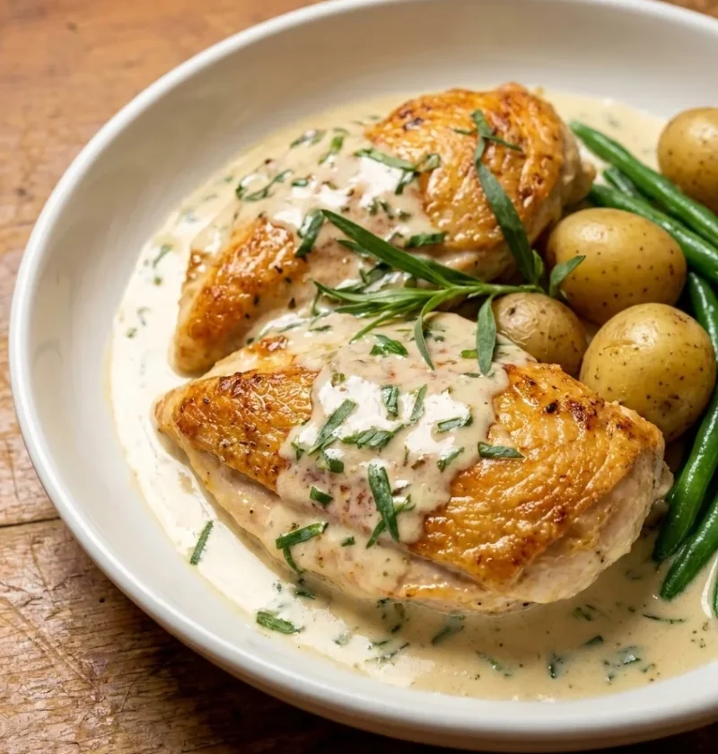 Golden seared chicken breasts in a creamy tarragon sauce with new potatoes and green beans