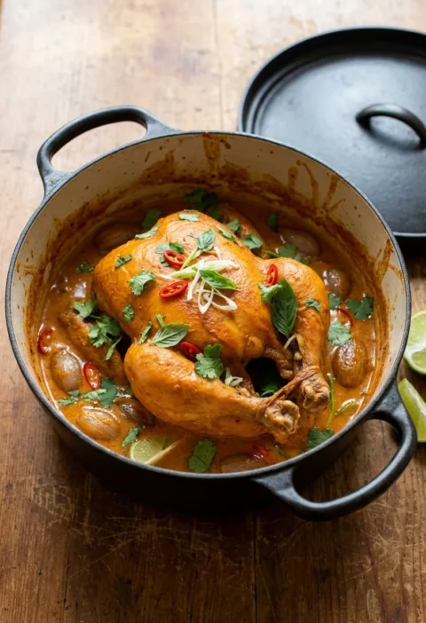 Whole Thai pot roast chicken in a cast-iron pot with red curry coconut sauce, shallots, coriander, chilli and lime