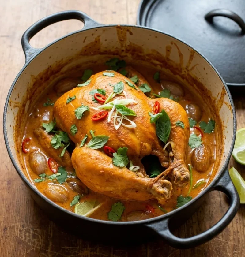 Whole Thai pot roast chicken in a cast-iron pot with red curry coconut sauce, shallots, coriander, chilli and lime
