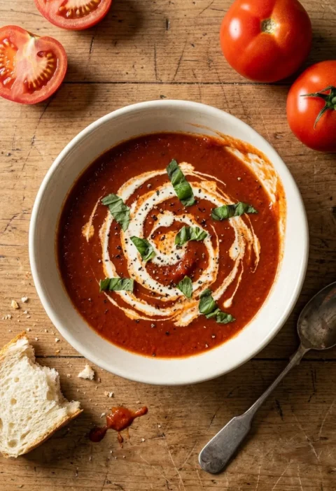 Hairy Bikers tomato soup with fresh tomatoes in a white bowl, swirled with cream and topped with basil, ripe tomatoes alongside