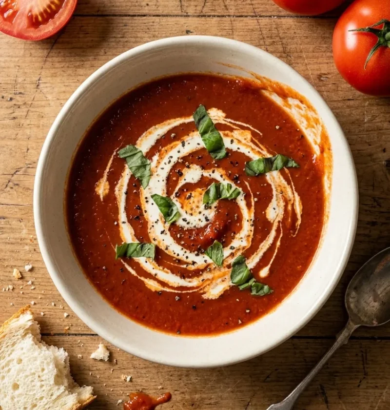 Hairy Bikers tomato soup with fresh tomatoes in a white bowl, swirled with cream and topped with basil, ripe tomatoes alongside